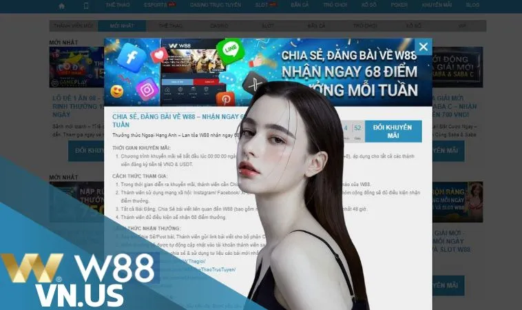 Chia sẻ và đăng bài về W88 nhận 68 điểm thưởng mỗi tuần